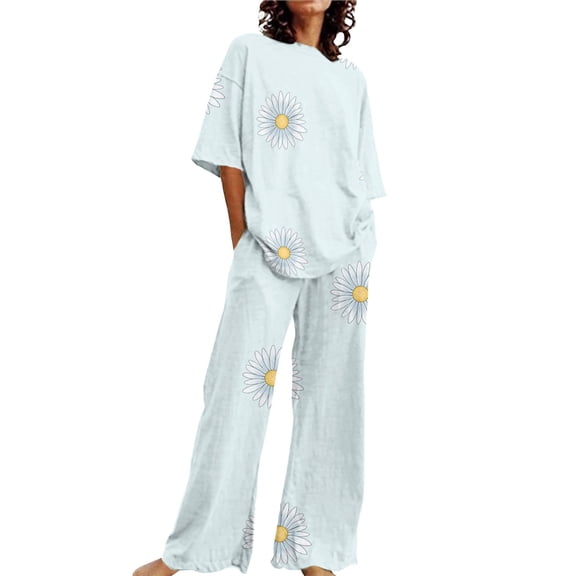 WCJM Pajamas Set for Women Suitable Summer O Neck Loose Short Sleeve Floral Print Top Shirt with Pants Large Size 2 Set Light blue 3XL