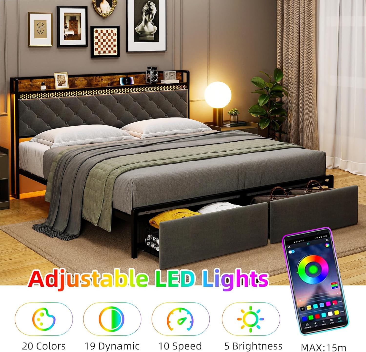 Historyli King Size Bed Frame with RGB LED Lights,Storage Headboard & 2 Storage Drawers,Upholstered Platform Bed with USB Ports & Outlets,Noise Free,Easy Assembly,No Box Spring Needed,Grey
