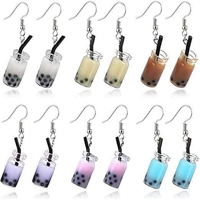 pares de pendientes creativos y únicos con forma de burbuja Boba Tea Dingle, divertidos pendientes personalizados con forma de bebida de té con leche, divertidos pendientes con forma de botella de vi