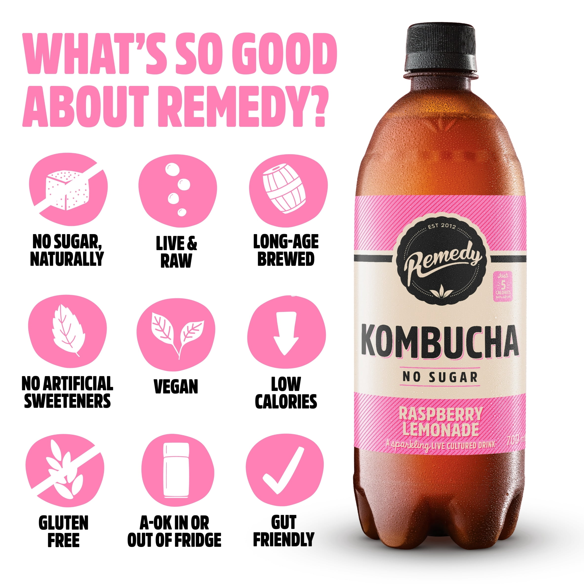 Remedy Kombucha Raspberry Lemonade 700Ml, Imported from Britain