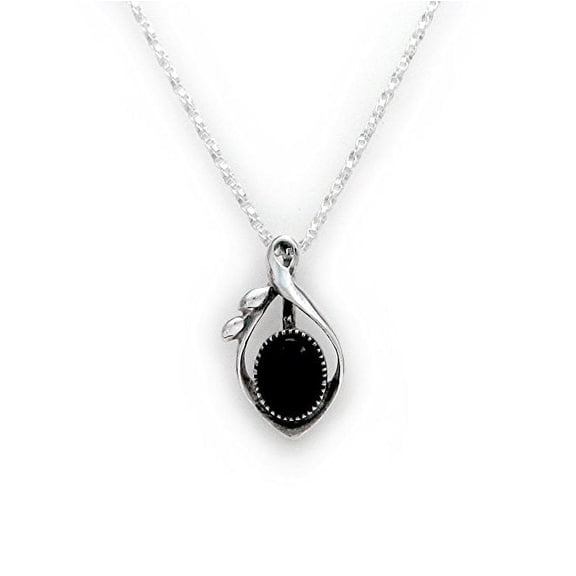 Sterling Silver and Stone Elliptical Drop Pendant Necklace, Onyx