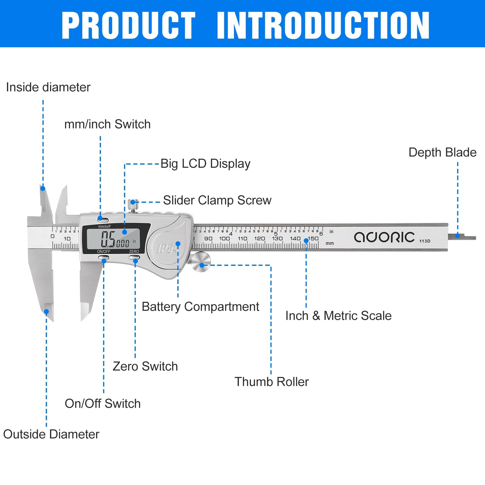 Digital Caliper, 0-6" Calipers Measuring Tool - Electronic Micrometer Caliper with Large LCD Screen, Auto-Off Feature, Inch and Millimeter Conversion