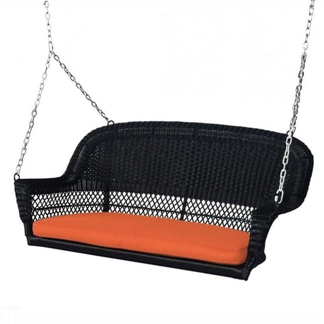Pemberly Row Wicker Porch Swing in Black with Orange Cushion
