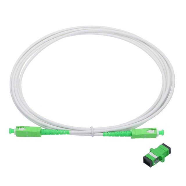 Unique Bargains 1Pcs 9.8Ft Single Mode Simplex OS2 Fiber Optic Cable LSZH SC/APC-SC/APC Armored Jumper Optical White with Adapter. The image shows a coiled white fiber optic cable with green SC/APC connectors on both ends, accompanied by a matching green fiber optic adapter. Designed for single-mode applications, the cable features a 3mm LSZH sheath and armored construction for durability and protection against bending or damage.