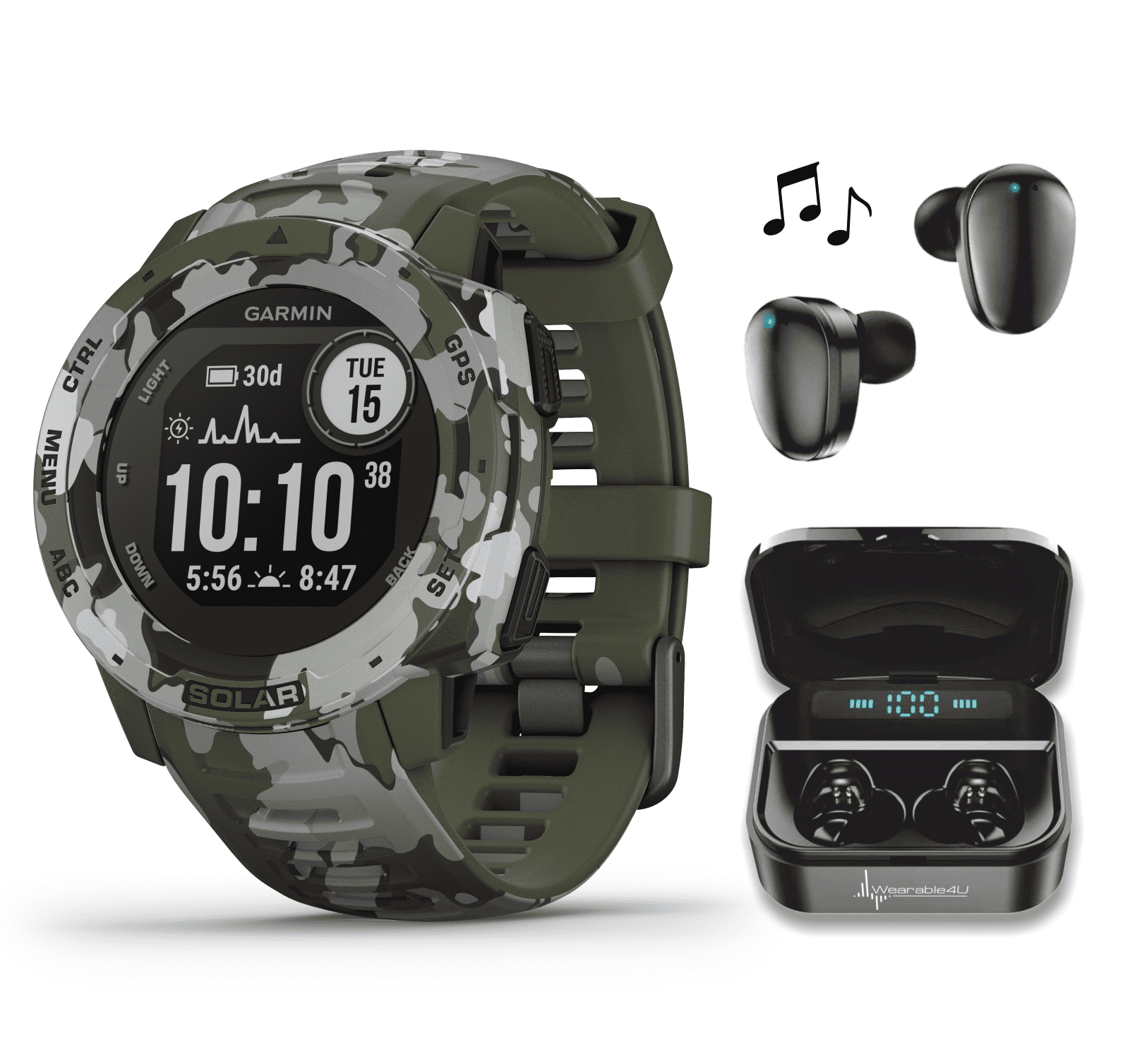 Cloudbreak Garmin Instinct Solar Surf Edition Premium GPS Smartwatch with Included Wearable4U Ultimate Black Earbuds with Charging Power Bank Case Bundle 
