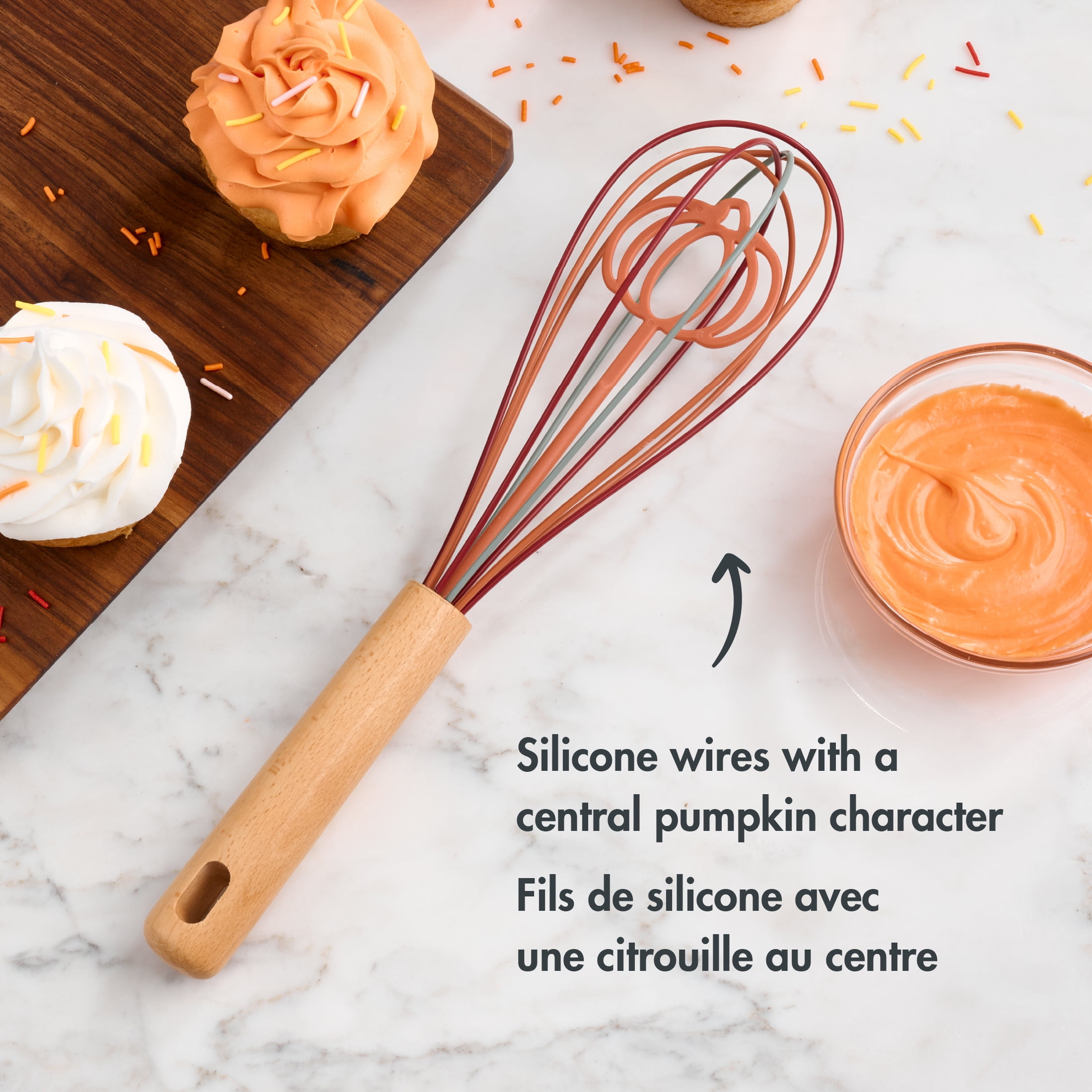 Way-to-Celebrate 12-inch Silicone Whisk, Pumpkin Character, Orange, Green and Red