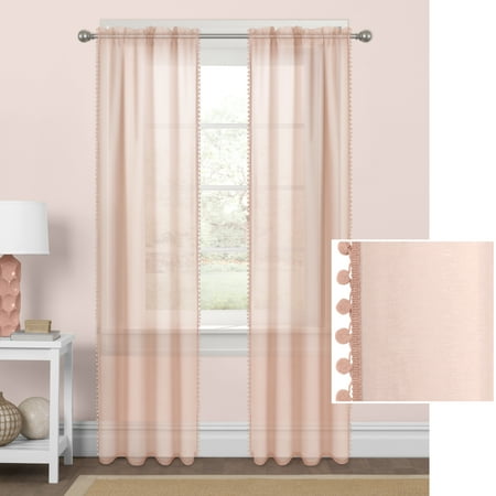 Mainstays Sheer With Pom Poms Window Curtain Panel Walmart Com