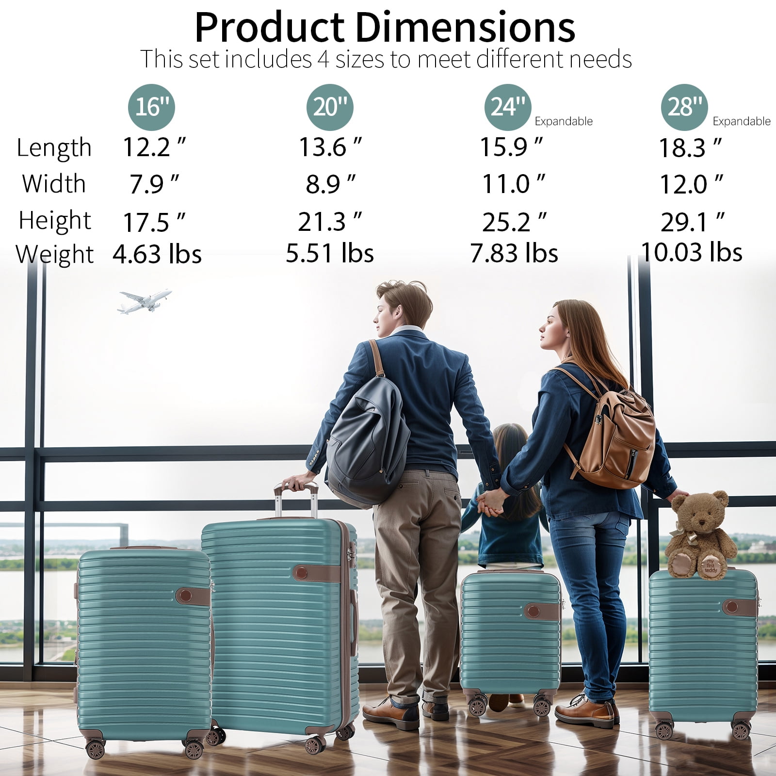 4-Piece Luggage Set, 16"20"24"28", ABS Hard Shell, TSA Lock, 360° Spinner Wheels, Packing Boxes