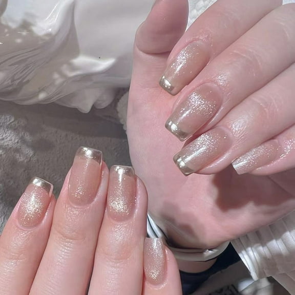 KUFptva 24 Pcs French Tip Press On Nails Mediums Square False Nails Glittering Acrylic Nails Elegant Full Covers Stick On Nails