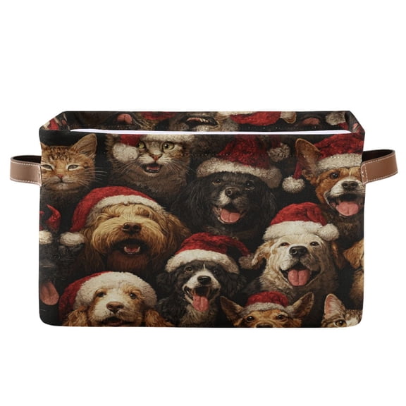1-Pack Square Closet Organizers with Handles Open Basket Bins Cats and Dogs in Santa Claus Hats Storage Basket for Home Office