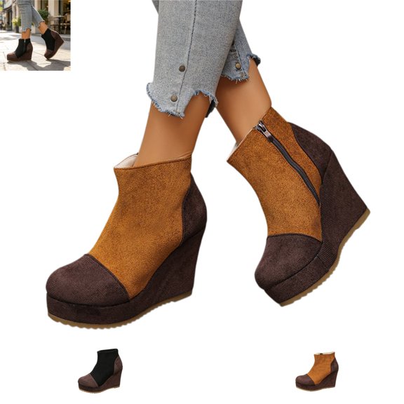 YOUYEDIAN Boots for Women Retro Wedge Heel Color Block Versatile Round Toe Comfy Warm Ankle Booties Casual Outdoor Walking Shoes