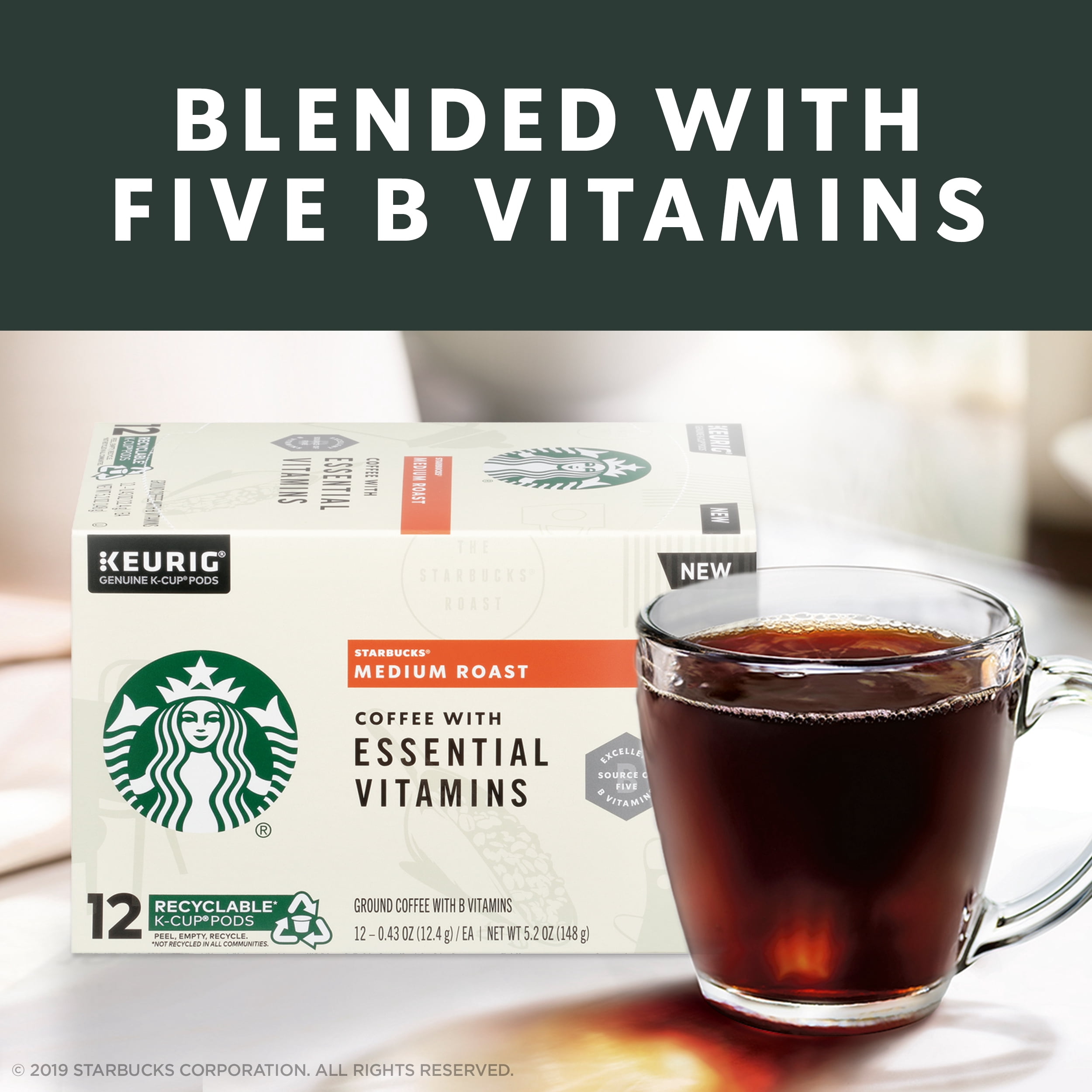 Starbucks Medium Roast K-Cup Coffee Pods with Essential B Vitamins — for Keurig Brewers — 1 box (12 pods)