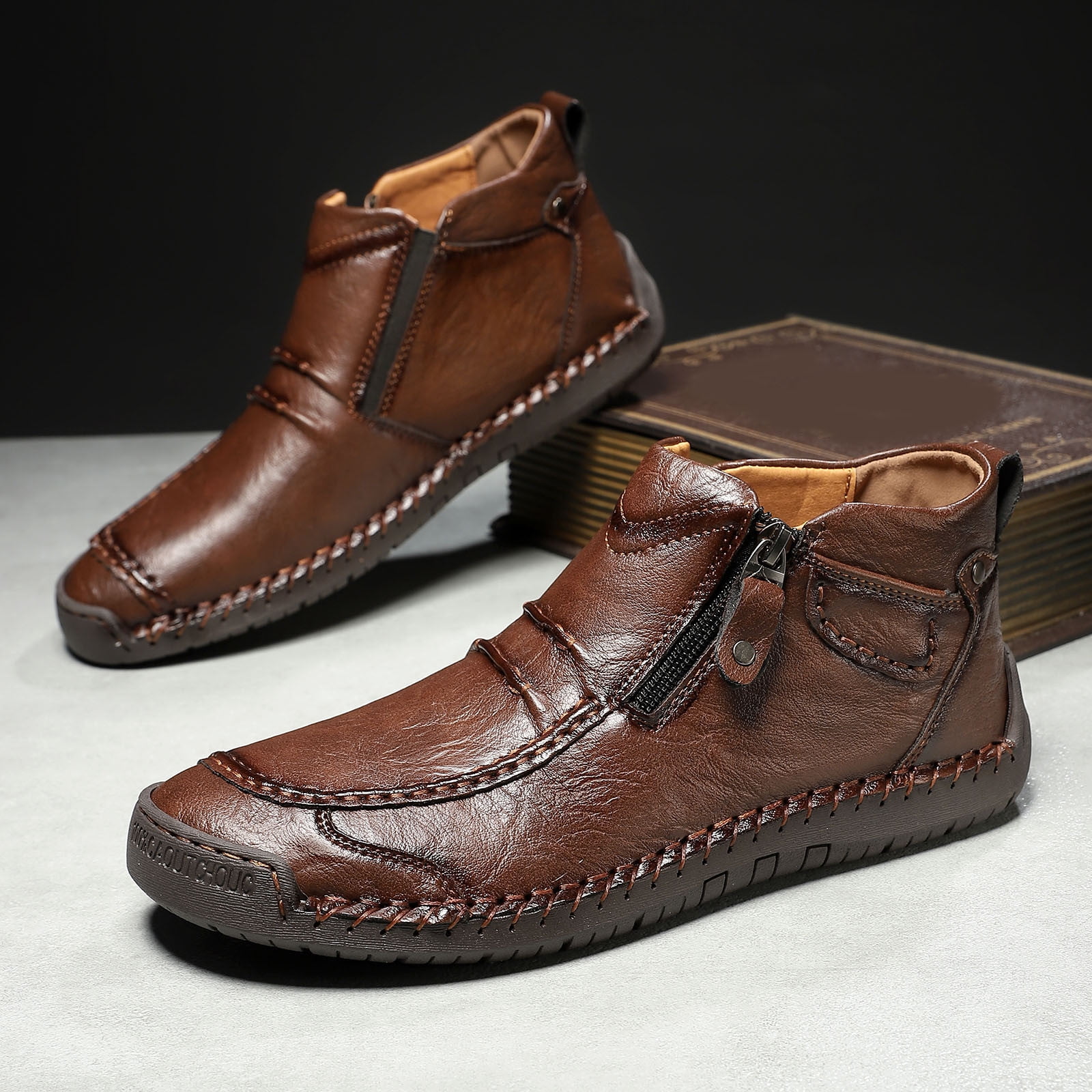 Menâs -On Orthopedic Leather Boots,Menâs Handmade Leather -On Driving Boots,Men Side Zipper Orthopedic Shoes for Driving Hiking