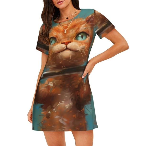 Disketp Strong Kitten Lifting Weights para Camisón Corto de Manga Corta para Mujeres, Camisón Cómodo con Escote Redondo, Bonito y Confortable