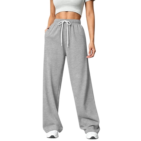 TEMOFON Sweatpants for Women Wide Leg Pants Fall Sweatpants with Pockets Elastic Waistband Comfy Pants Women Winter Lounge Pants Light Grey L