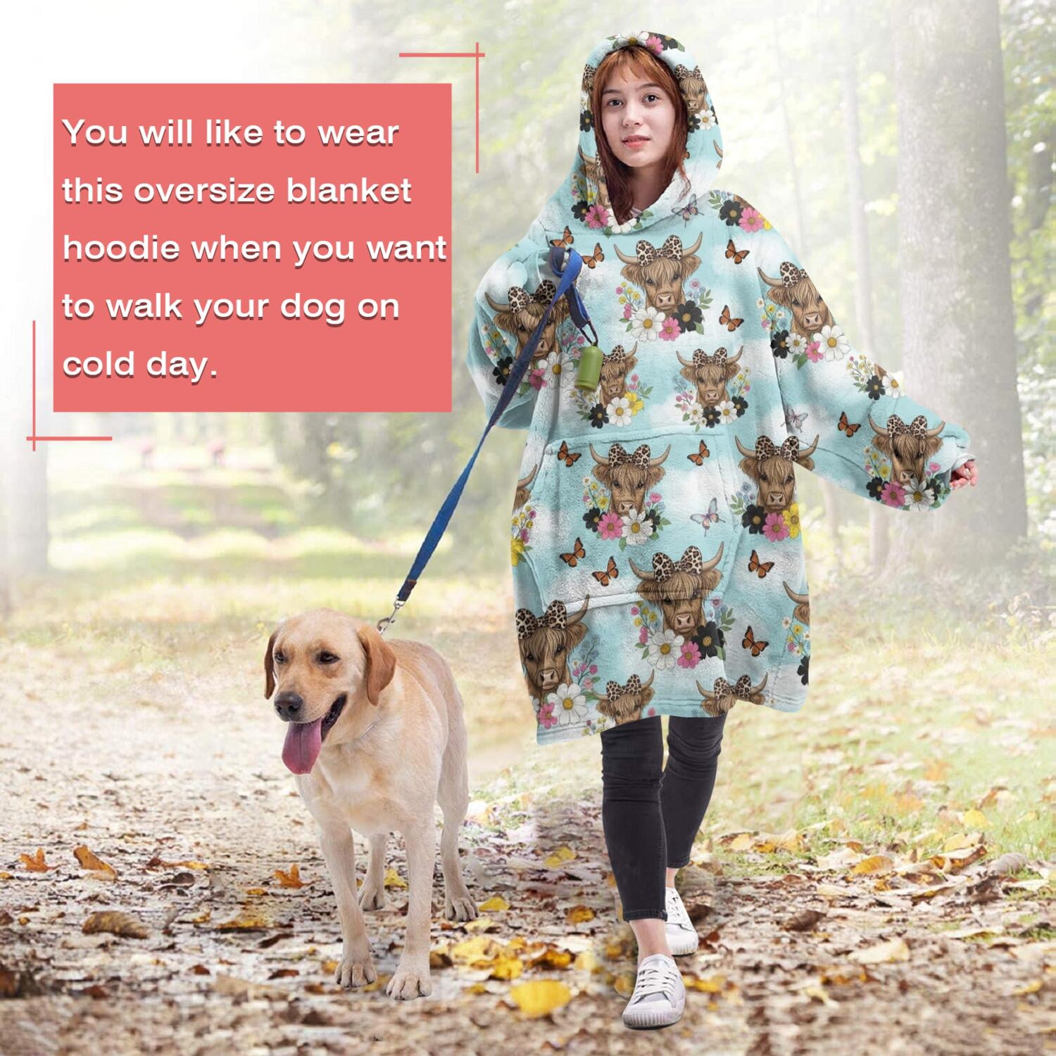 Blue Highland Cow Flower Butterfly Pattern Wearable Oversized Blanket,Wearable Blanket Hoodie for Adults,Cozy Hooded Blankets with Super Pockets,Super Warm Fuzzy Pullover for Women & Men