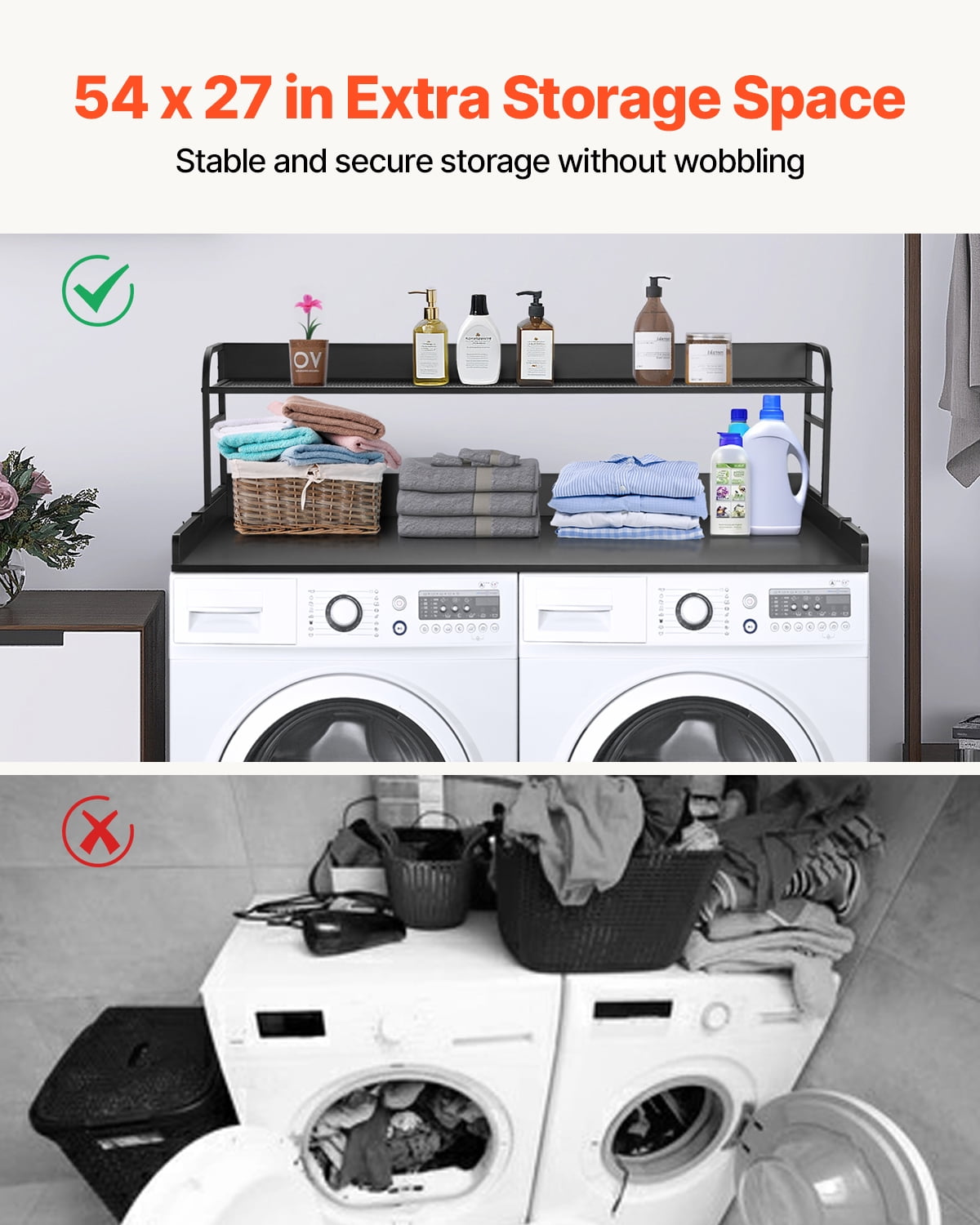 KFFKFF Laundry Room Organizer with Dual-Level Shelf, 54" x 27" Timber Constructed Washer-Dryer Surface with Non-Slip Cushions, Water-Repellent Laundry Appliance Overlay, Black