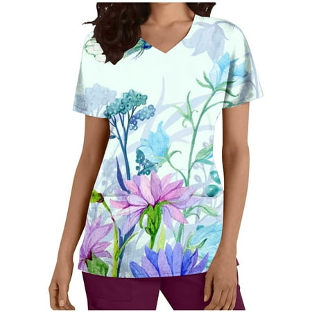 

Casual Sweaters for Women Summer Clothes for Women 2023 Vacation Womens Floral Scrub Shirts Short Sleeve V Neck Tops Loose Comfy Fit Tshirts Striped Shirt Women