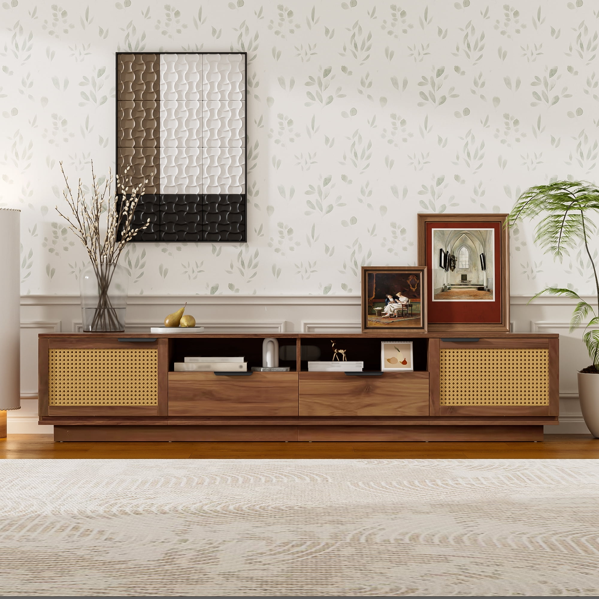 TV Stand for TVs up to 85 Inch, Rattan Media Console with 2 Drawers & Open Shelves, Entertainment Center with Storage Cabinets for Living Room