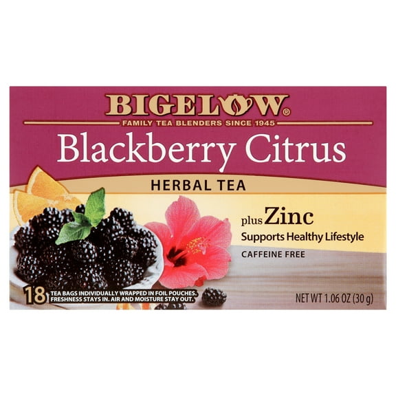 Bigelow Blackberry Citrus Plus Zinc, Caffeine-Free Herbal Tea Bags, 18 Count