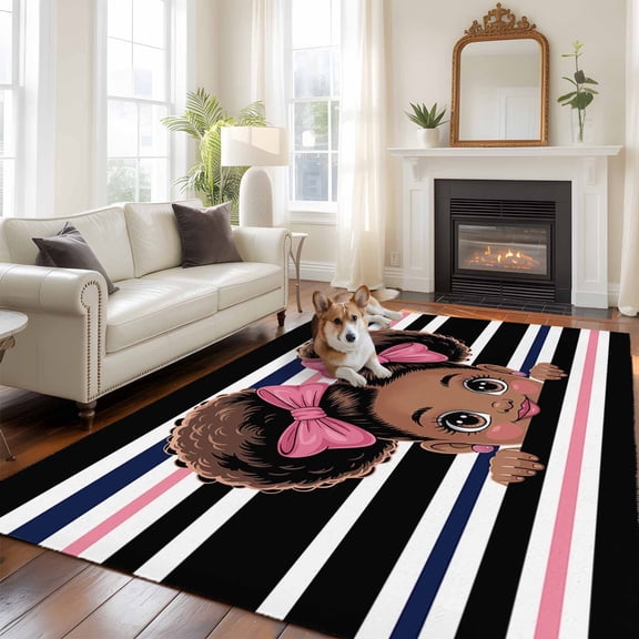 6'x9' Area Rugs, Black Pink Stripes Indoor Outdoor Area Rug for Living Room Bedroom, Cartoon Funny Cute Bow Girl Striped Washable Bathroom Rugs Kitchen Floor Carpet Mats Home Decor Aesthetic