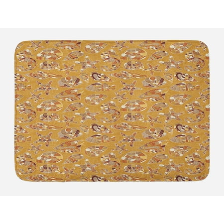 Mustard House - Ocean Bath Mat, Pattern of Fish Shells Starfish Sea-Horse Water Creatures Sea Life Illustration, Non-Slip Plush Mat Bathroom Kitchen Laundry Room Decor, 29.5 X 17.5 Inches, Mustard Brown, Ambesonne