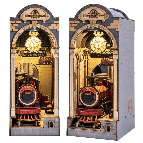 ROBOTIME Time Travel DIY Book Nook Kit,Wooden Mini Dollhouse Bookend Model Building Kit, 3D Puzzle Tiny Home Bookshelf Decor, Gifts for Adults Teens