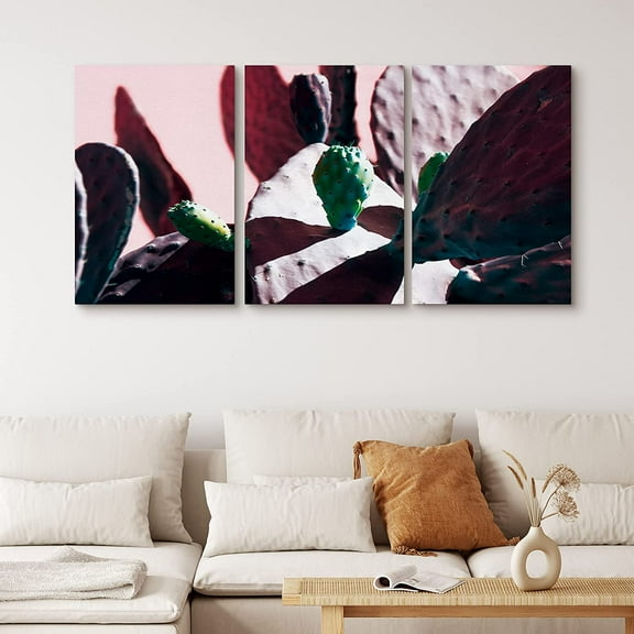 PixonSign Canvas Print Wall Art Set Pink and Green Cactus Shadows Floral Wilderness Photography Realism Southwest Dramatic Multicolor Dark for Living Room, Bedroom, Office - 24"x36"x3