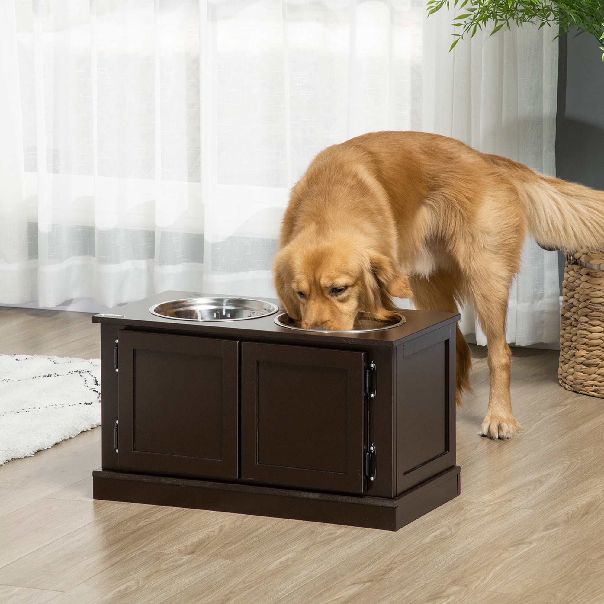 PawHut Elevated Dog Bowls with Storage, Two Stainless Steel Bowls
