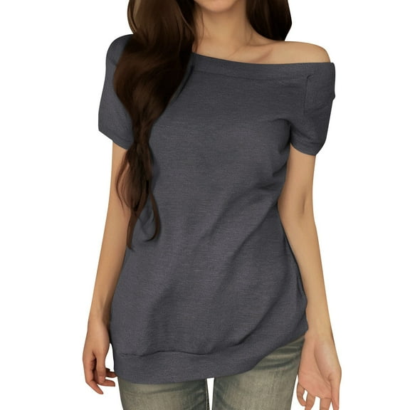 Ticikt Women's Off The Shoulder Oversized T Shirts Short Sleeve Casual 2026 Summer Basic Tees for Going Out,Color:Dark Gray,Size:L