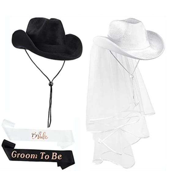 Newlyweds Hat Sash Badges Set Bride Hat Cowgirl Hat Bachelorette Party Supply