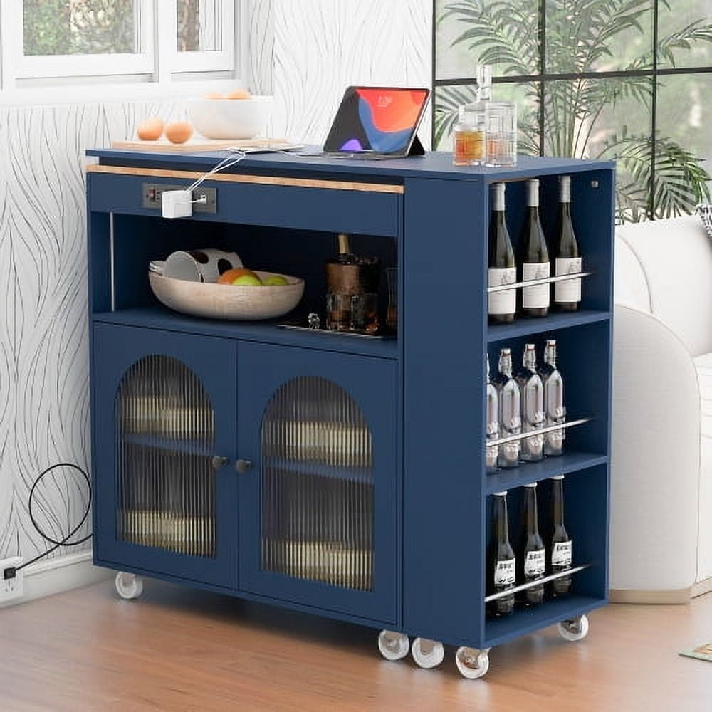 Rolling Kitchen Island With Extended Table, Kitchen Island on Wheels with LED Lights,Power Outlets and 2 Fluted Glass Doors, Kitchen Island with a Storage Compartment and Side 3 Open Shelves, Navy