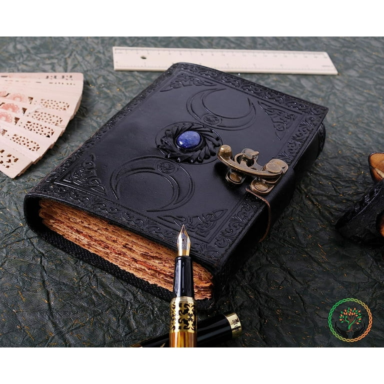 Vintage Leather Journal Semi Precious Witch Stone Black
