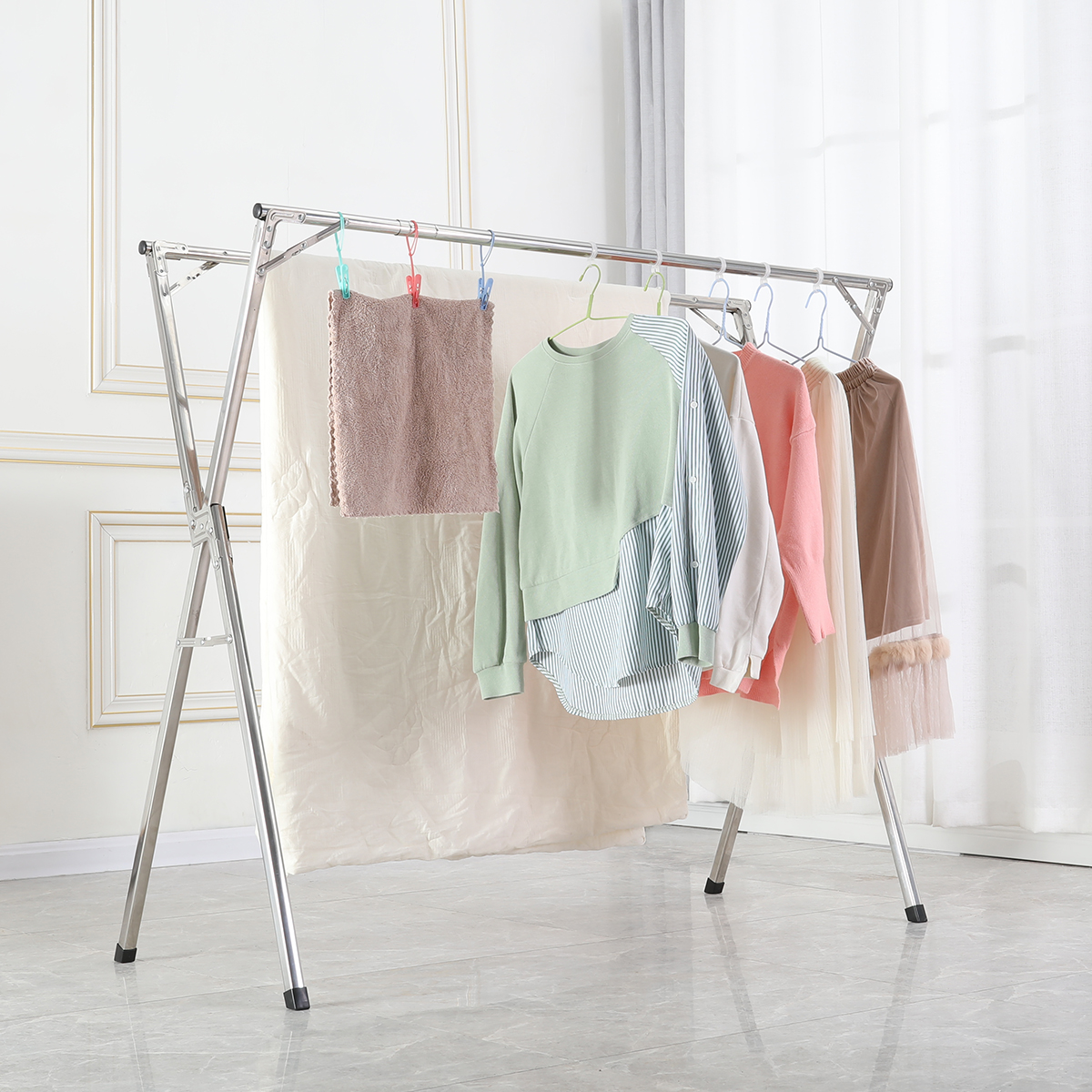 Untyo Clothes Drying Rack 79 Inches, Laundry Drying Rack Adjustable Folding Hanger Rack for Indoor Outdoor Stainless Steel