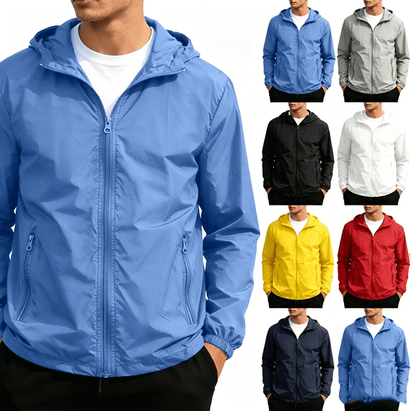 Zynoxe Mens Rain Jackets Lightweight Waterproof Full-Zip Long Sleeve Raincoat with Pockets Outdoor Hooded Windbreaker for Hiking Cycling Sports Blue S