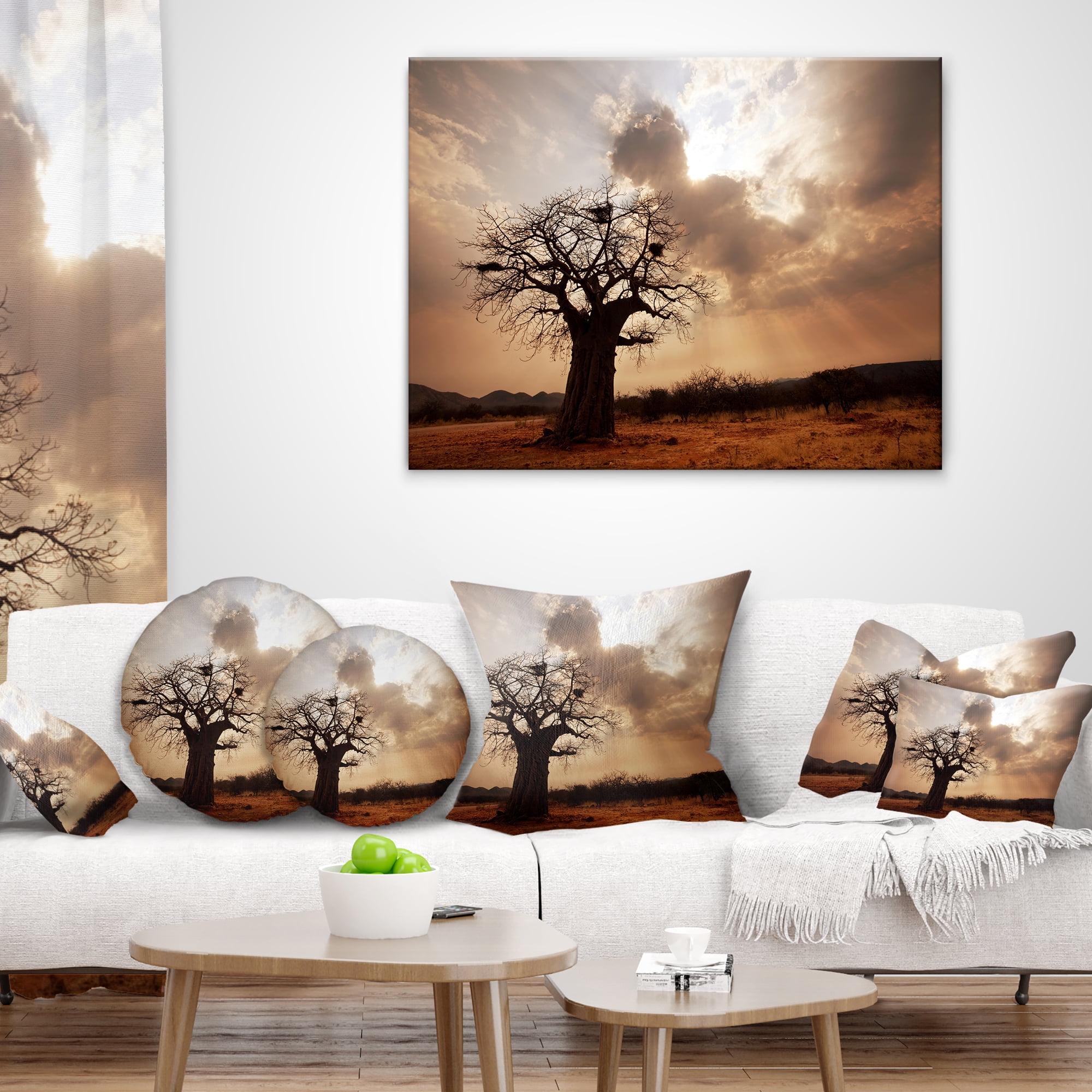 Designart Large Baobab Tree under Clouds - Modern Landscape Printed Throw Pillow - 12x20