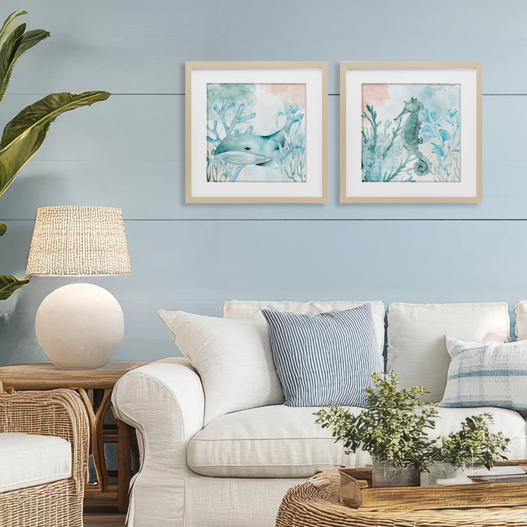 Stupell Industries Whale & Seahorse Sea Swim 2 Piece Birch Framed Print Under Glass Set, design by Kim Allen