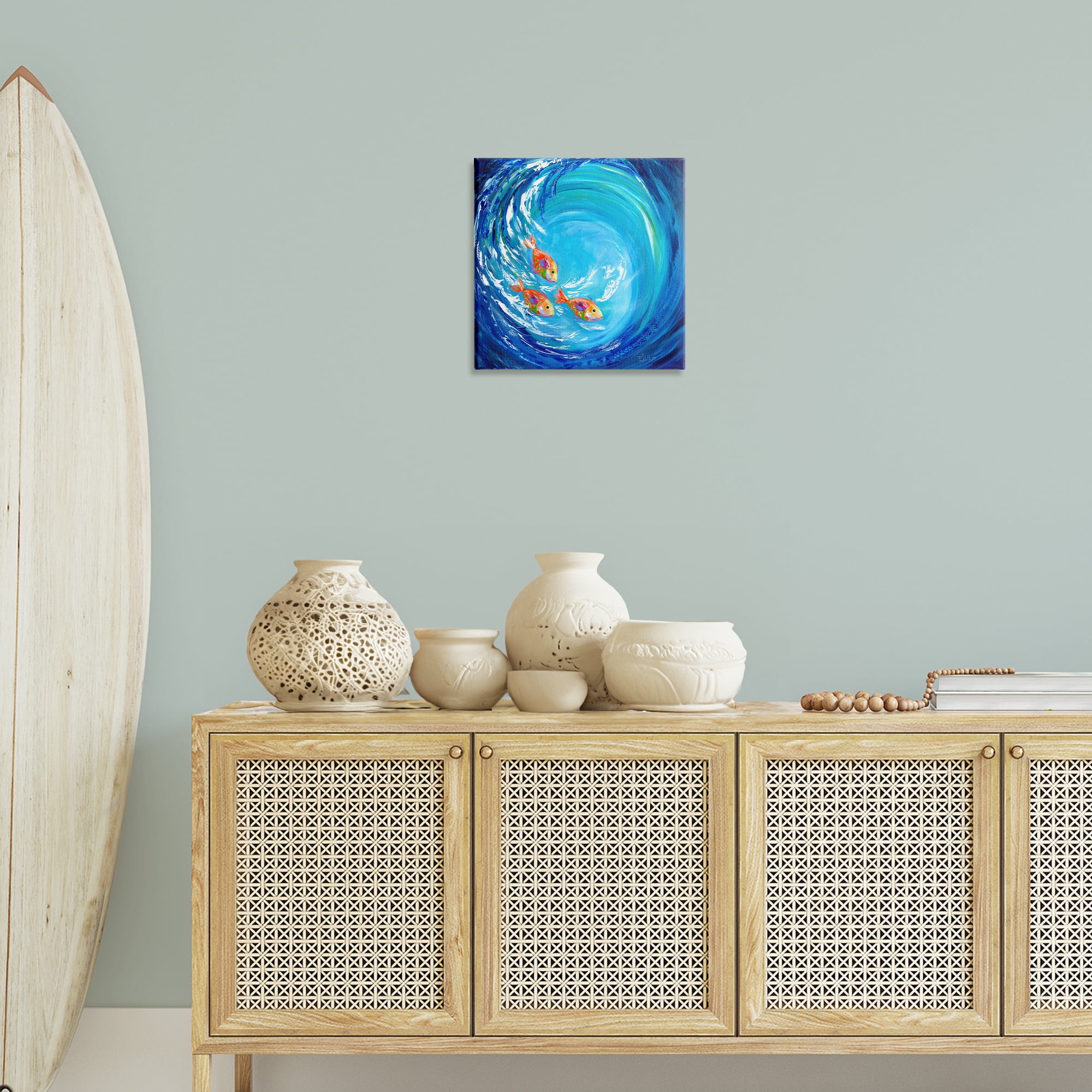 Stupell Industries Into The Blue Fish Landscape Painting Gallery Wrapped Canvas Art Print Wall Art, 17 x 17