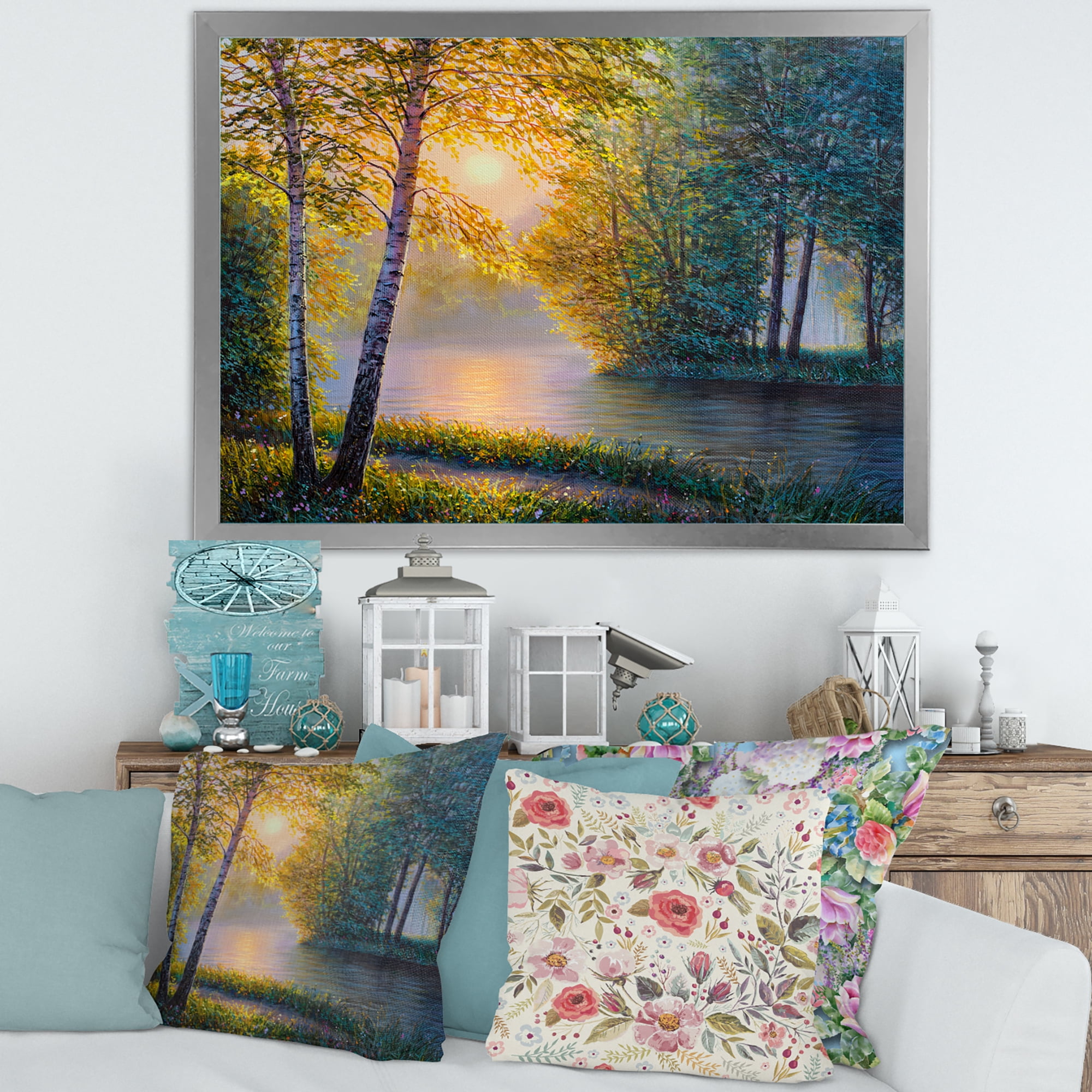 Sunrise Summer With Beautiful River Spring Forest 32 in x 24 in Framed Painting Canvas Art Print, by Designart