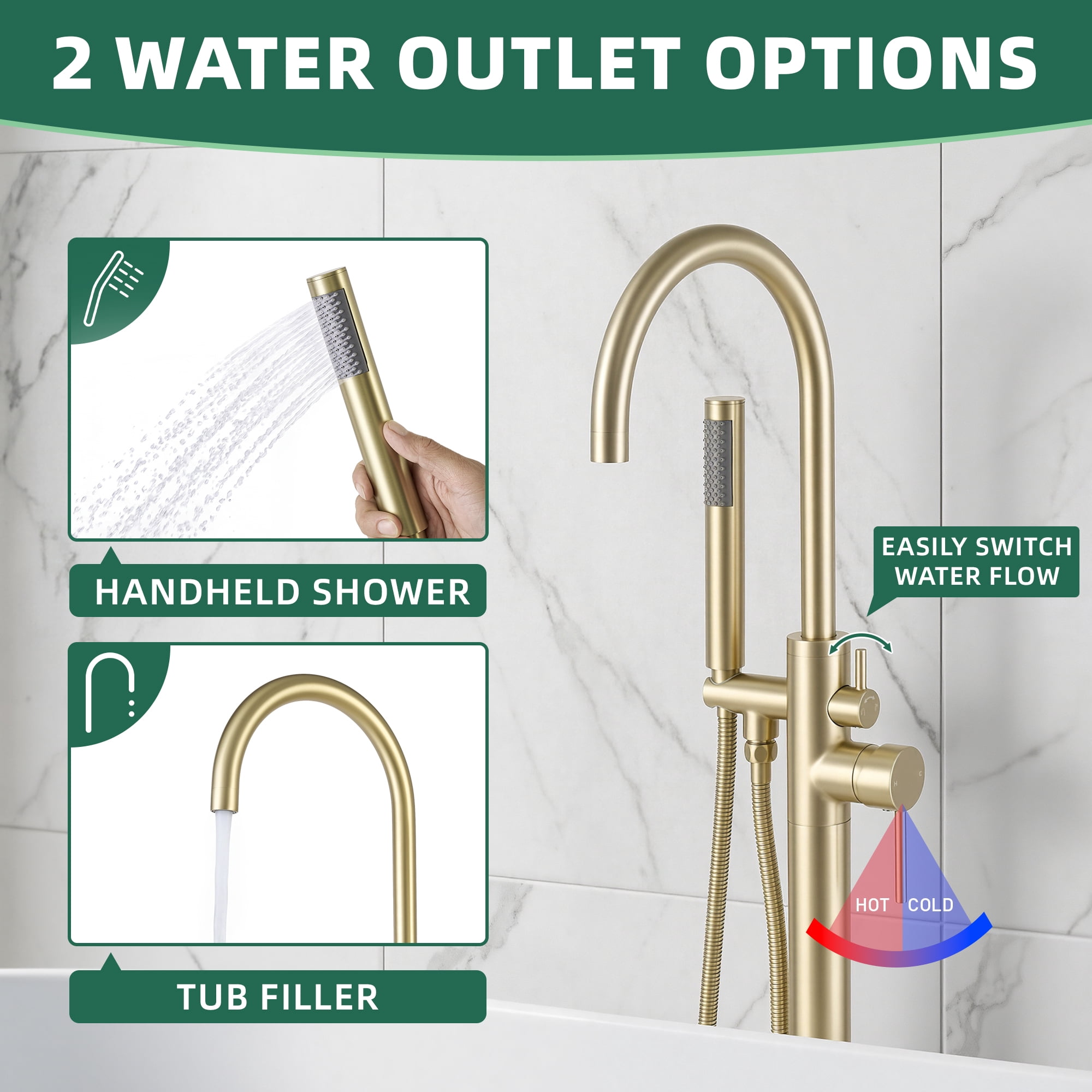 Free Standing Tub Faucet, High Flow Freestanding Bathtub Faucet with Handheld Shower & Gooseneck Spout, 360°Swivel Tub Filler, Brass Body, Brushed Gold