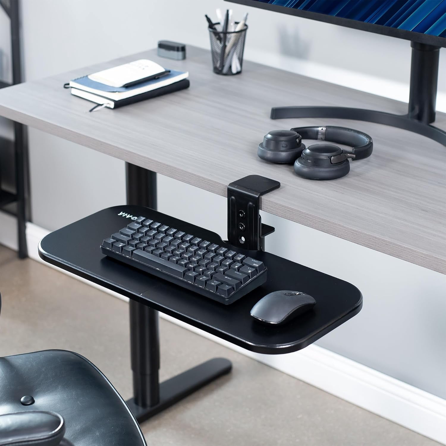 Clamp-on 23 x 10 Inch Rotating Computer Keyboard and Mouse Tray, Extra Sturdy Desk Swivel Clamp, Ergonomic Typing, Black, MOUNT-KB04CB