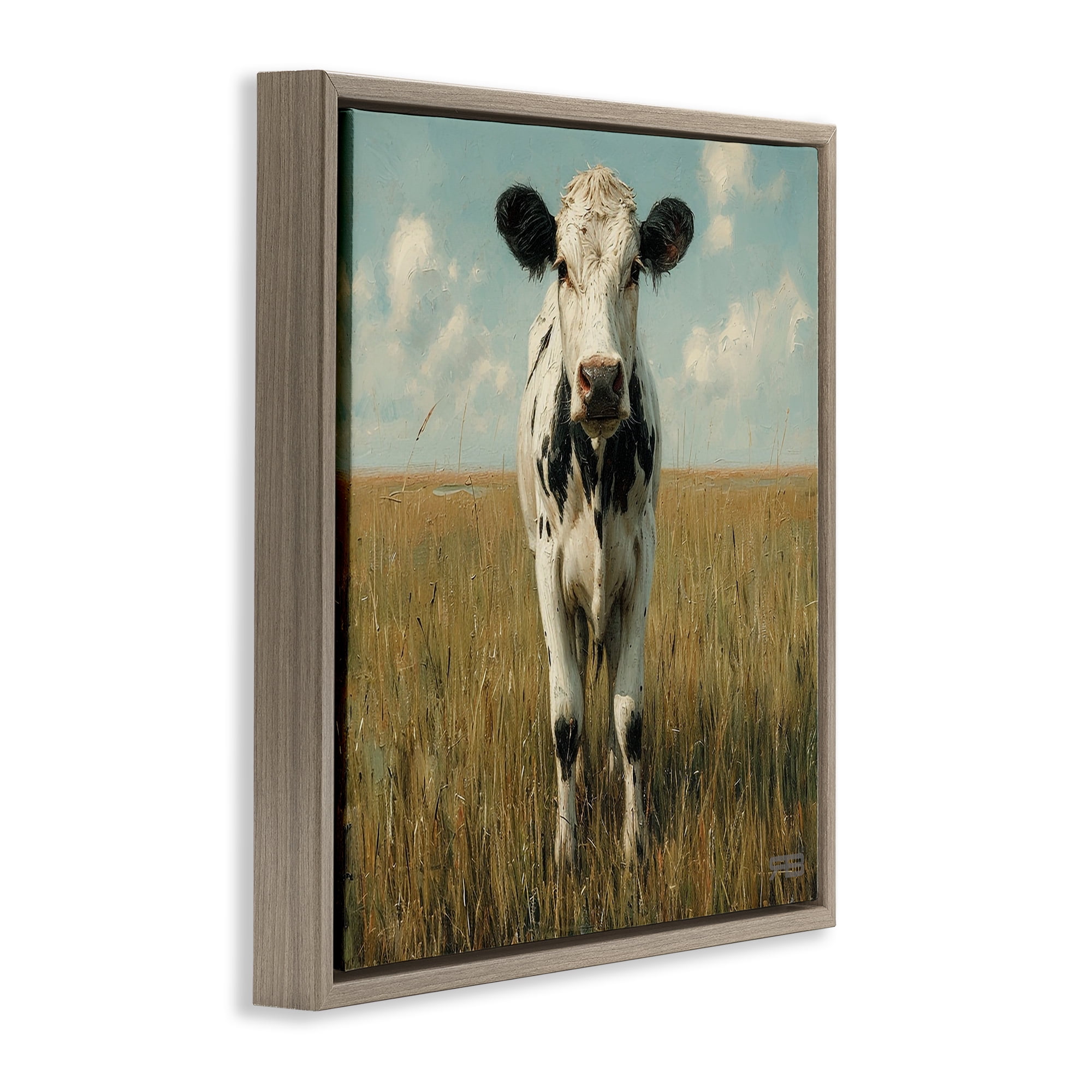 Stupell Industries Cow in Verdant Field Animals & Insects Painting Brown Floater Framed Canvas Art Print Wall Art, 25 x 25
