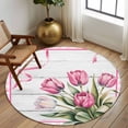 thumbnail image 2 of Round Area Rug 5 Ft, Pink Tulip Washable Non-Slip Circle Carpet for Living Room/Bedroom, Spring Floral Romantic Flowers Modern Art Wooden Low-Profile Runner Mats Collection Rugs for Indoor, 2 of 8