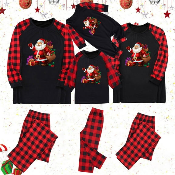 Odeerbi Christmas Pajamas for Family Holiday Plaid Long Sleeve Family Christmas Pajamas Matching Sets Dad Casual Plaid Print Tops Pants Set Two-Piece Sleepwear Xmas PJs Set Black