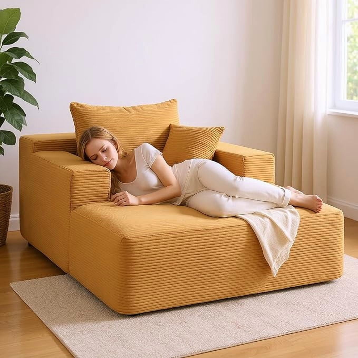 Chaise Lounge Chair Indoor – Oversized Corduroy Couch with Wide Armrest & Throw Pillows, Cozy Boneless Sleeper Sofa Bed Armchair