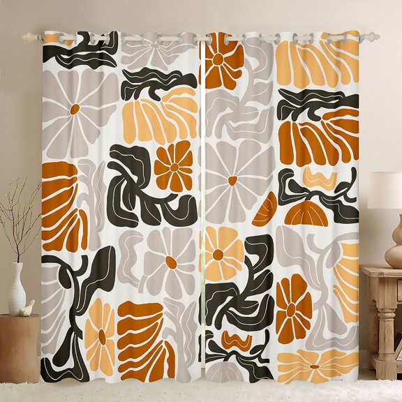 Homewish Gray Brown Boho Kitchen Curtains,Vintage Daisy Floral Black Out Curtains Pack of 2 (42x63 Each)