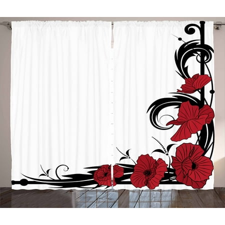 Art Nouveau Poppy Art Nouveau Curtains 2 Panels Set, Poppy Bouquet Branches Romantic Pastoral Idyllic Meadow Blossom Vintage, Window Drapes for Living Room Bedroom, 108W X 63L Inches, Black Ruby White, by Ambesonne ()