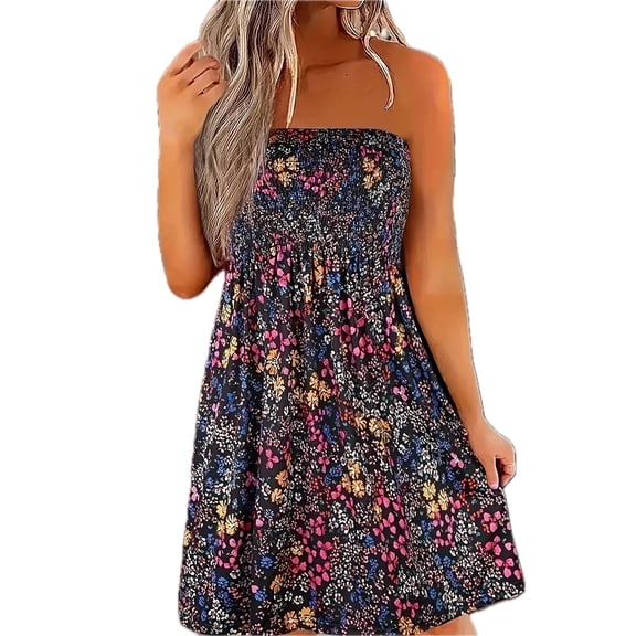 Women's Smocked Printed Tube Mini Dress Polyester % 100 Fabric with Sheer Bodice Slight Stretch and Flowy Skirt