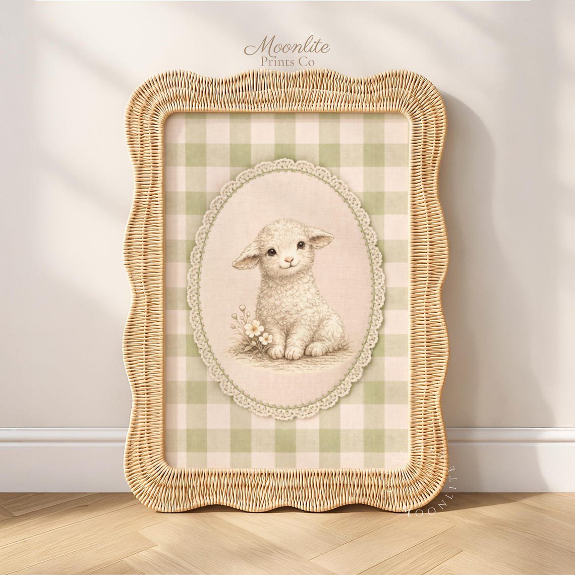 Vintage Baby Lamb Nursery Wall Decor Green Gingham Cottagecore Baby Boy Nursery Decor