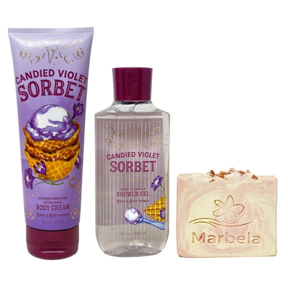 Bath & Body Works Candied Violet Sorbet Body Cream and Shower Gel Duo Set with a Himalayan Salts Springs Bar Soap